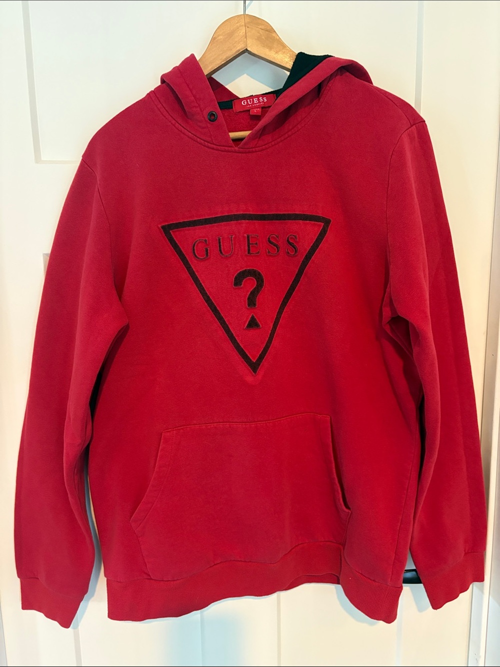 GUESS vintage Red Pullover Hoodie with Black Triangle Logo